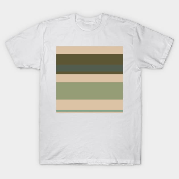 A fashionable farrago of Soldier Green, Beige, Grey/Green, Oxley and Gunmetal stripes. T-Shirt by Sociable Stripes